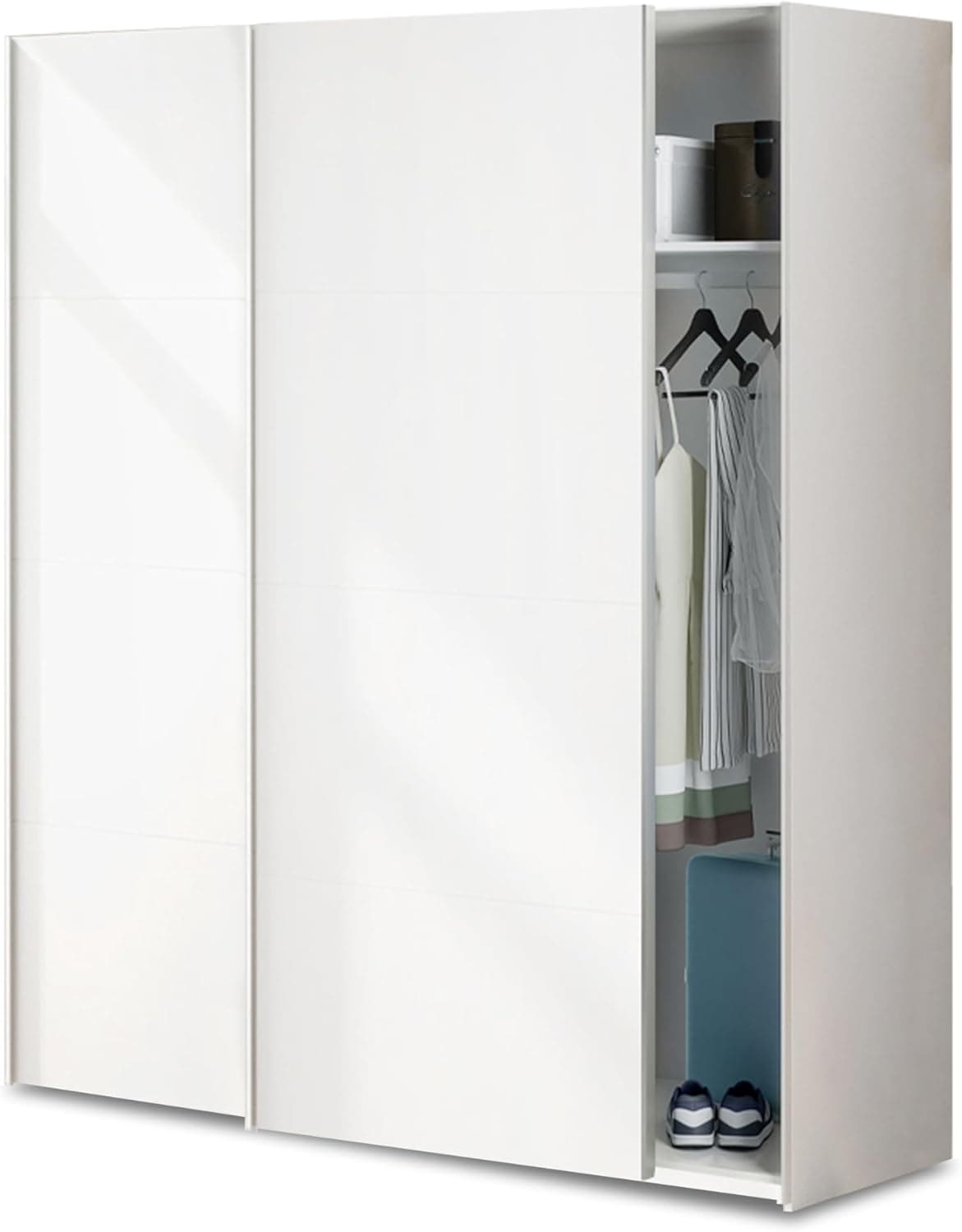 duehome | Armario de 2 Puertas Correderas, Barra de Colgar y Estantes, Armario para Dormitorio, Modelo Unix, Acabado en Blanco Artik, Medidas: 150 cm (Largo) x 200 cm (Alto) x 60 cm (Fondo)