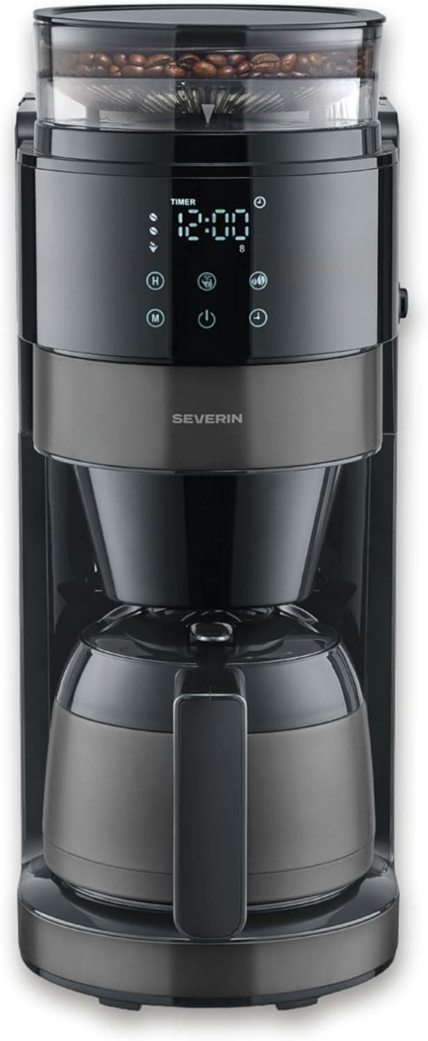 Severin de goteo con jarra térmica y molinillo, 1L de capacidad, hasta 8 tazas, sistema antigoteo, aroma intenso, apagado automática, pantalla LED, 900W, inox oscuro, negro, KA 4831