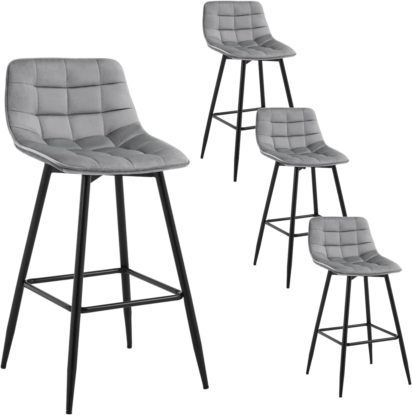 WOLTU Taburete de Bar Juego de 4 con Respaldo, Terciopelo, Gris Claro