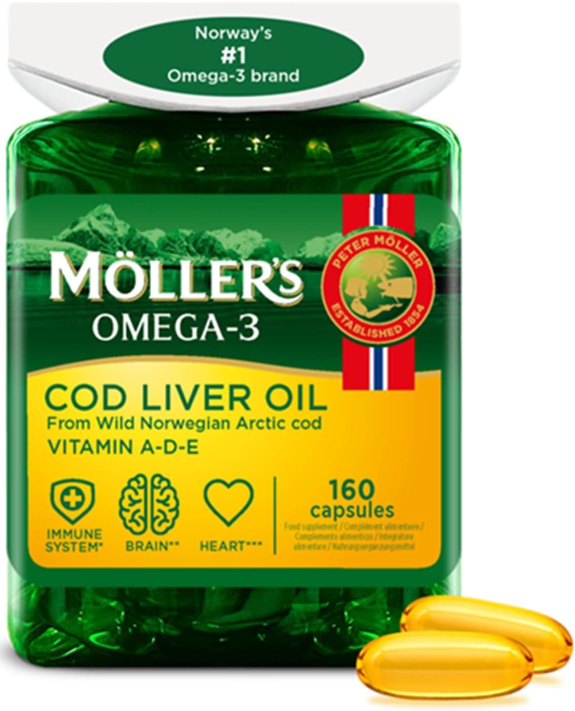 Möller’s ® | Cápsulas de aceite de hígado de bacalao | Ácidos grasos Omega-3 DHA y EPA, con vitaminas A, D y E | Sistema inmune, función cardíaca, función cerebral y visión | 160 cápsulas