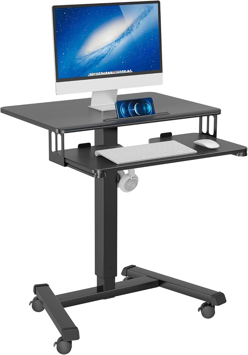 BONTEC 65 × 45cm Estación de Trabajo para Computadora Móvil de Dos Niveles con 4 Ruedas Giratorias, Soporte para Computadora Portátil con Ruedas, Escritorio de Pie Ajustable en Altura