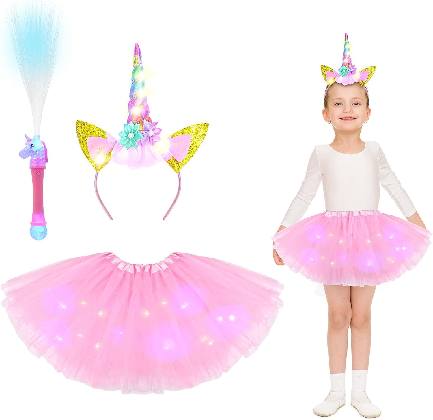 ACWOO Disfraz de Unicornio para Niña - Falda de Tutú Con Diadema y Barra Luminosa - Traje de Princesa para Fiesta, Halloween, Cumpleaños, Carnaval, Ballet y Baile