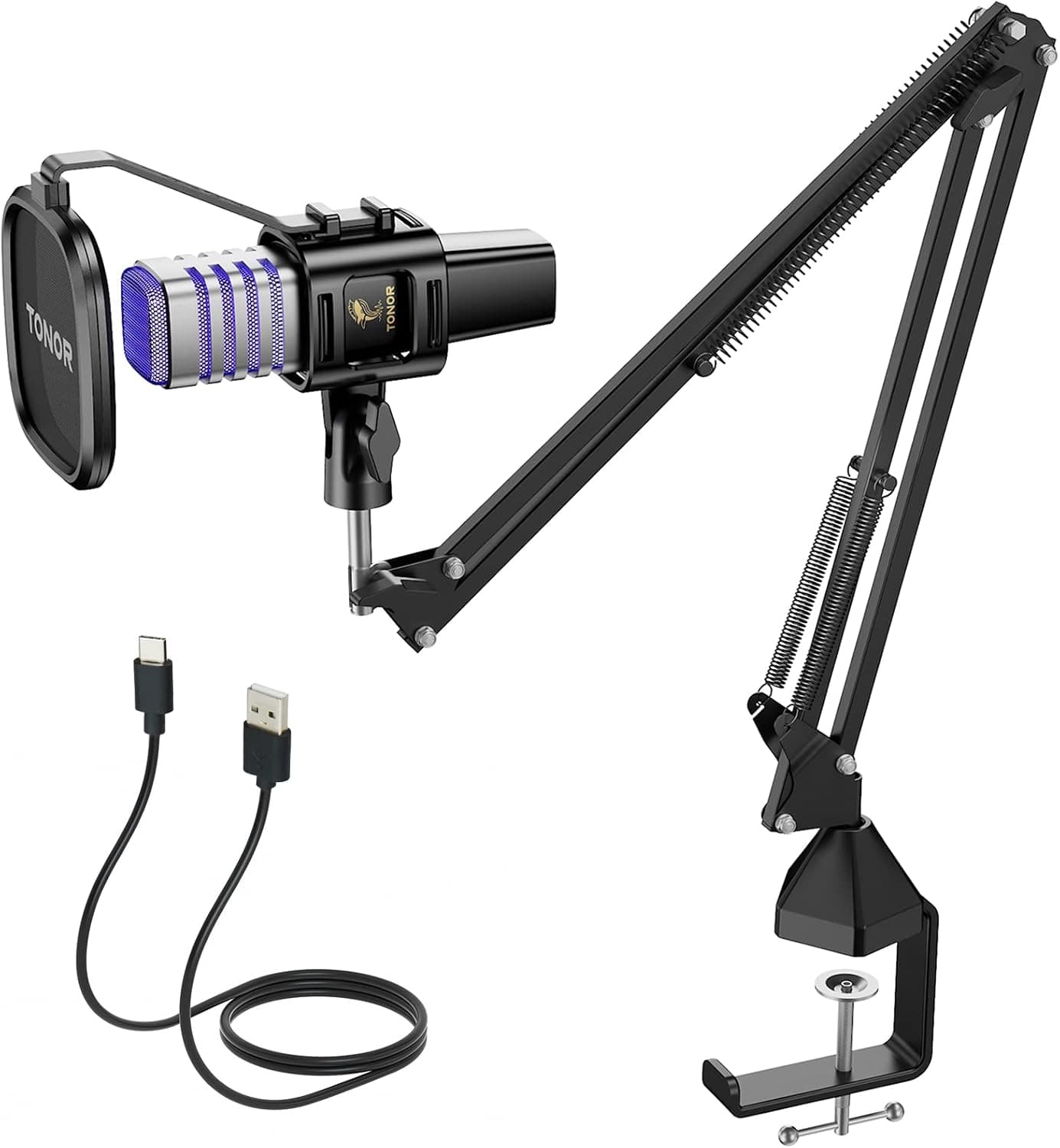 TONOR Micrófono PC de Condensador USB Mic para Streaming Gaming,Podcast Youtube Grabar Música ASMR Videojuego,Set de Micro con Soporte de Brazo,TC30S+