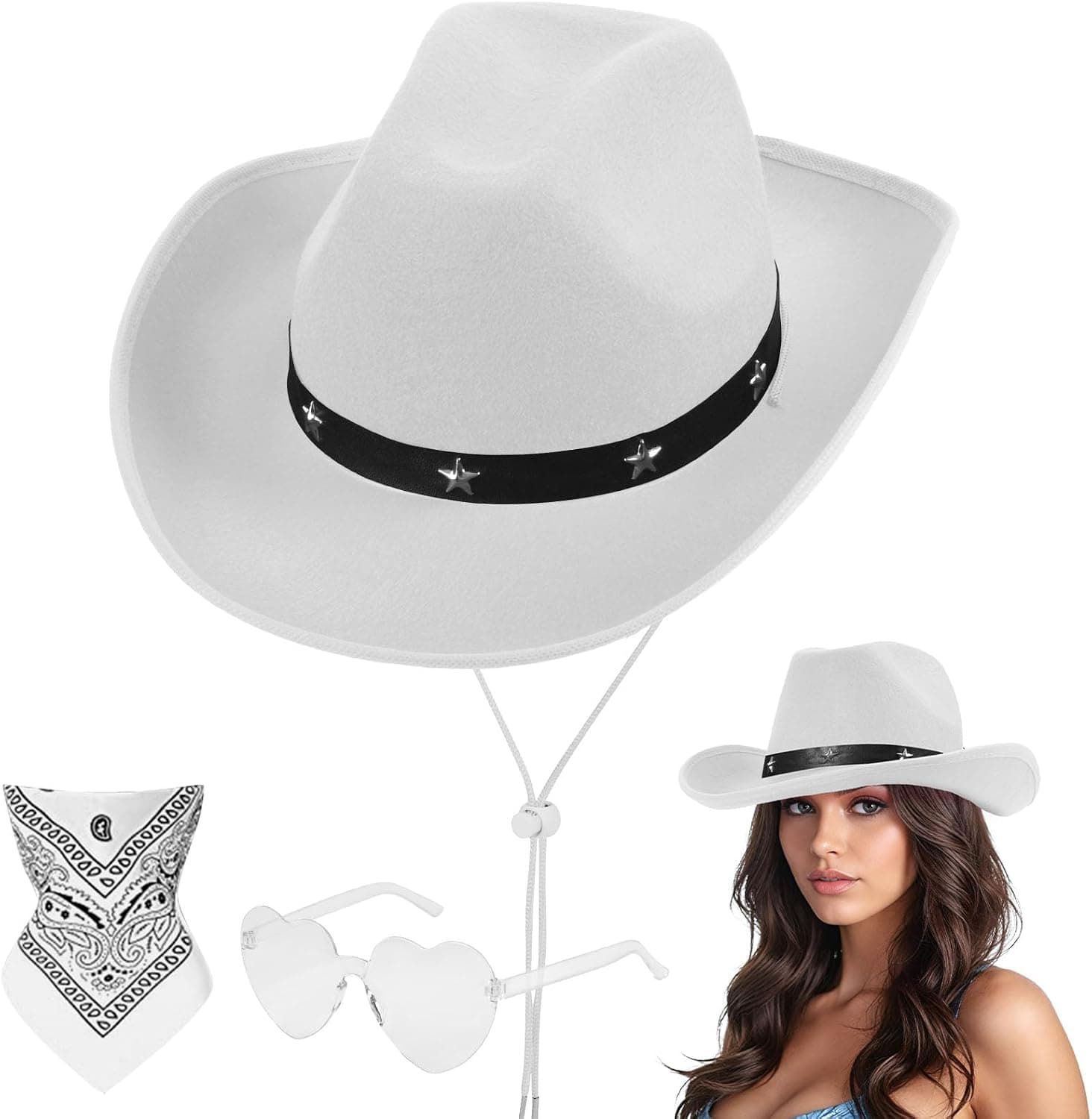 Aomig Sombrero Cowboy, 3PCS Vaquero, Bandana Gafas Amor