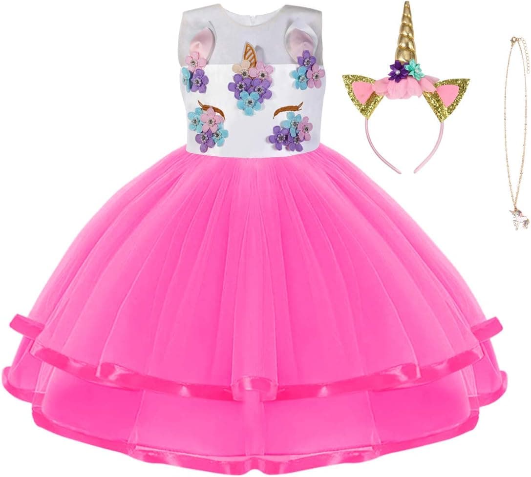 URAQT Disfraz Unicornio Niña, 3pcs Vestido Princesa Con Diadema y Collar