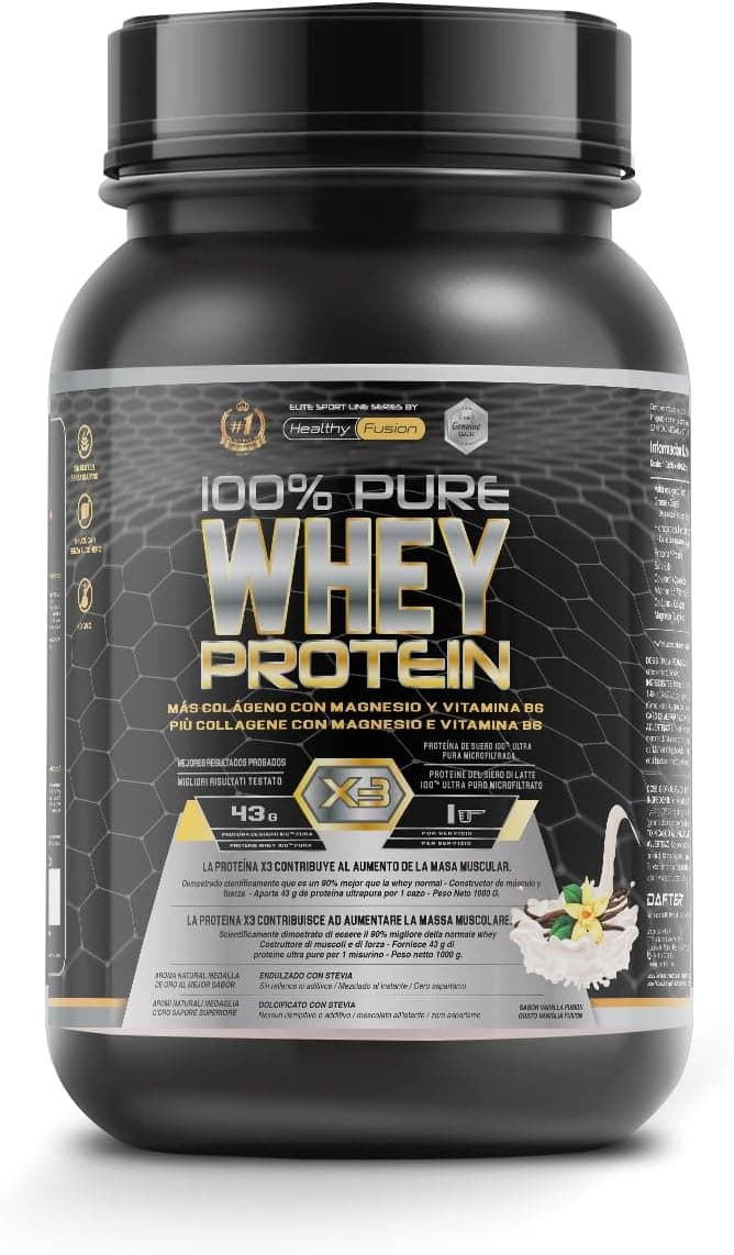 Whey Protein Healthy Fusion | Proteína pura con Colágeno, Magnesio y Vitamina B6 | 43g proteína + 9g BCAA | Mejora tus entrenamientos, aumenta masa muscular y fortalece articulaciones | 1 kg