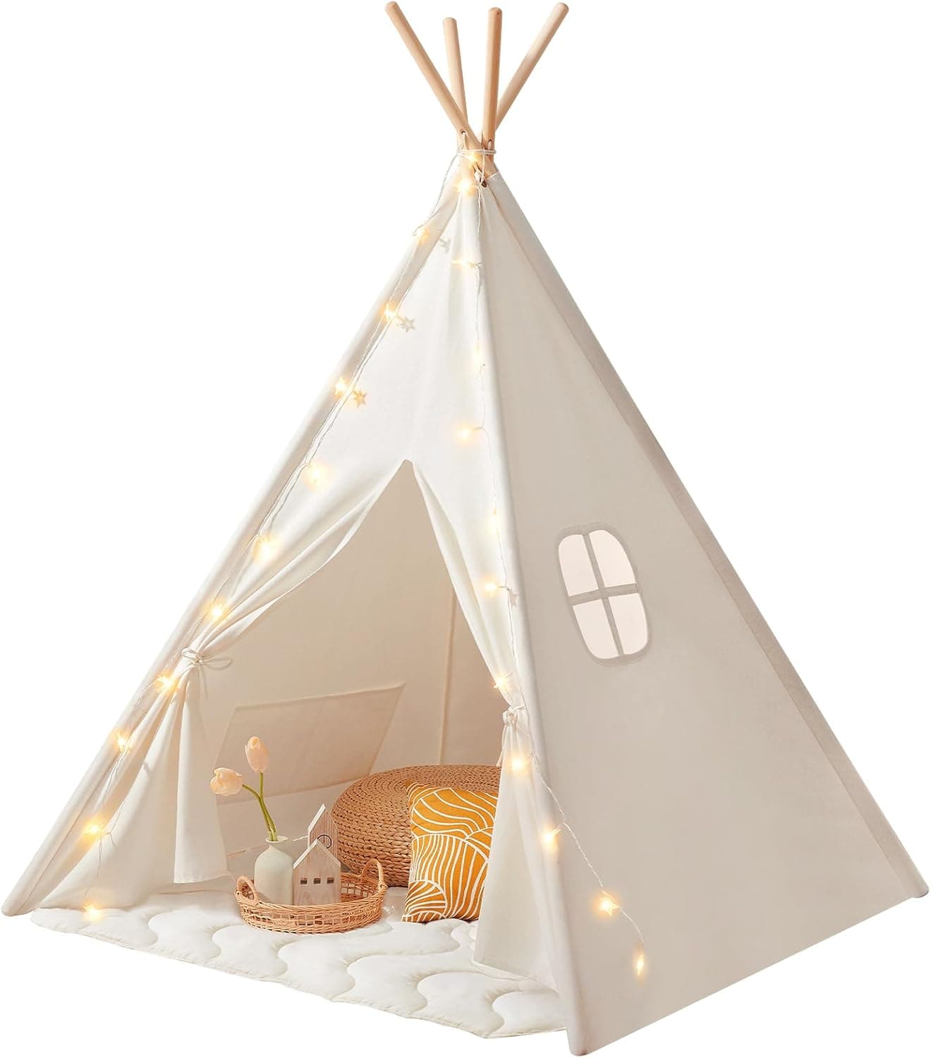 Tiny Land Tipi Infantil con Alfombra Acolchada & Luces, Tienda de Campaña