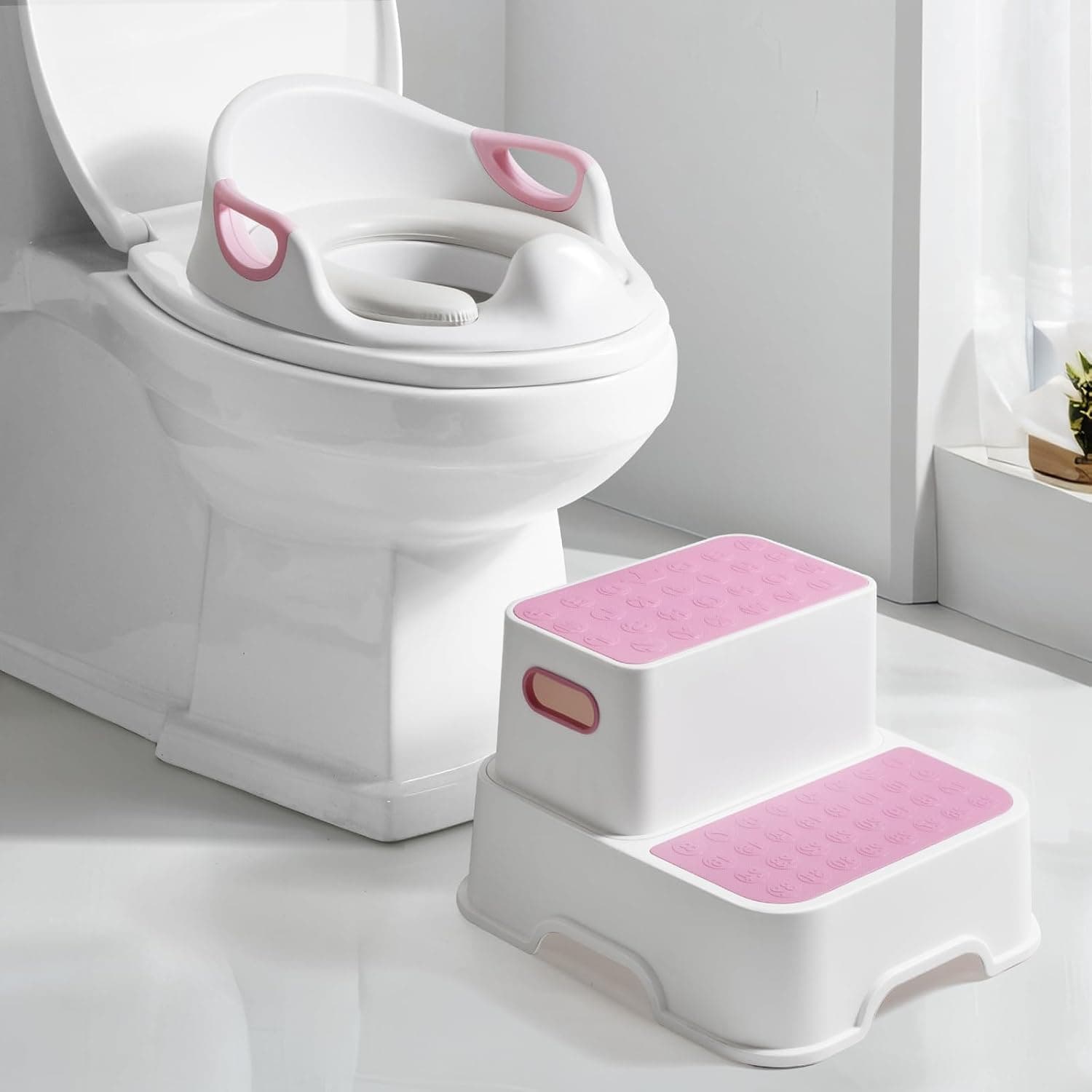 DEANIC Adaptador WC Niños con Escalon Infantil, Reductor WC Niños con 2 Almohadillas, Adaptador Baño para Niños con Escalon Peldaño, Bebe WC De 1 a 6 Años, 2 Cojines 1 Cepillo (Rosa)