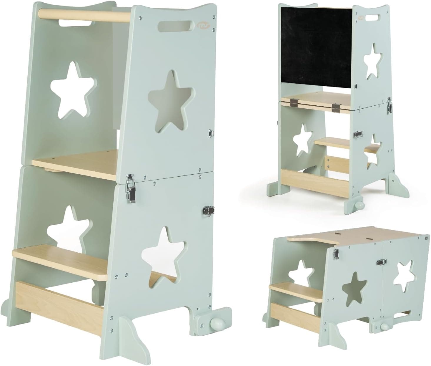 ms BabyWorld – Learn Up – Torre de Aprendizaje Montessori | Convertible en Escritorio con Pizarra y Taburete | Madera Maciza | Barra de Seguridad | Plegable
