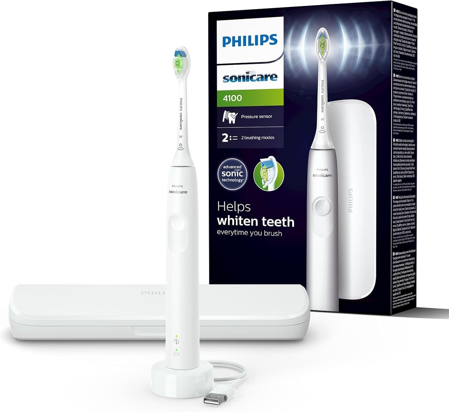 Philips Sonicare 4100 Cepillo dental eléctrico, para adultos, con 1 cabezal de cepillado sónico, W2 Optimal White en blanco, estuche de viaje compacto y cargador USB, modelo HX3683/33