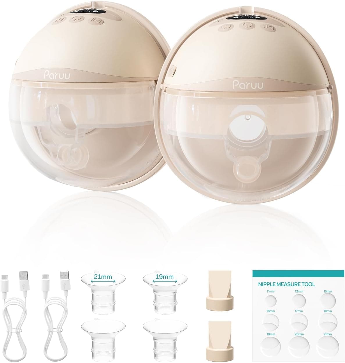 Paruu P16-A Sacaleches Electricos Manos Libres, 4 Modos y 12 Niveles, Succión Fuerte de Hasta 309 mmHg, Insertos de Brida de 19/21/24 mm, Extractor de Leche Portátil (2, Nude)