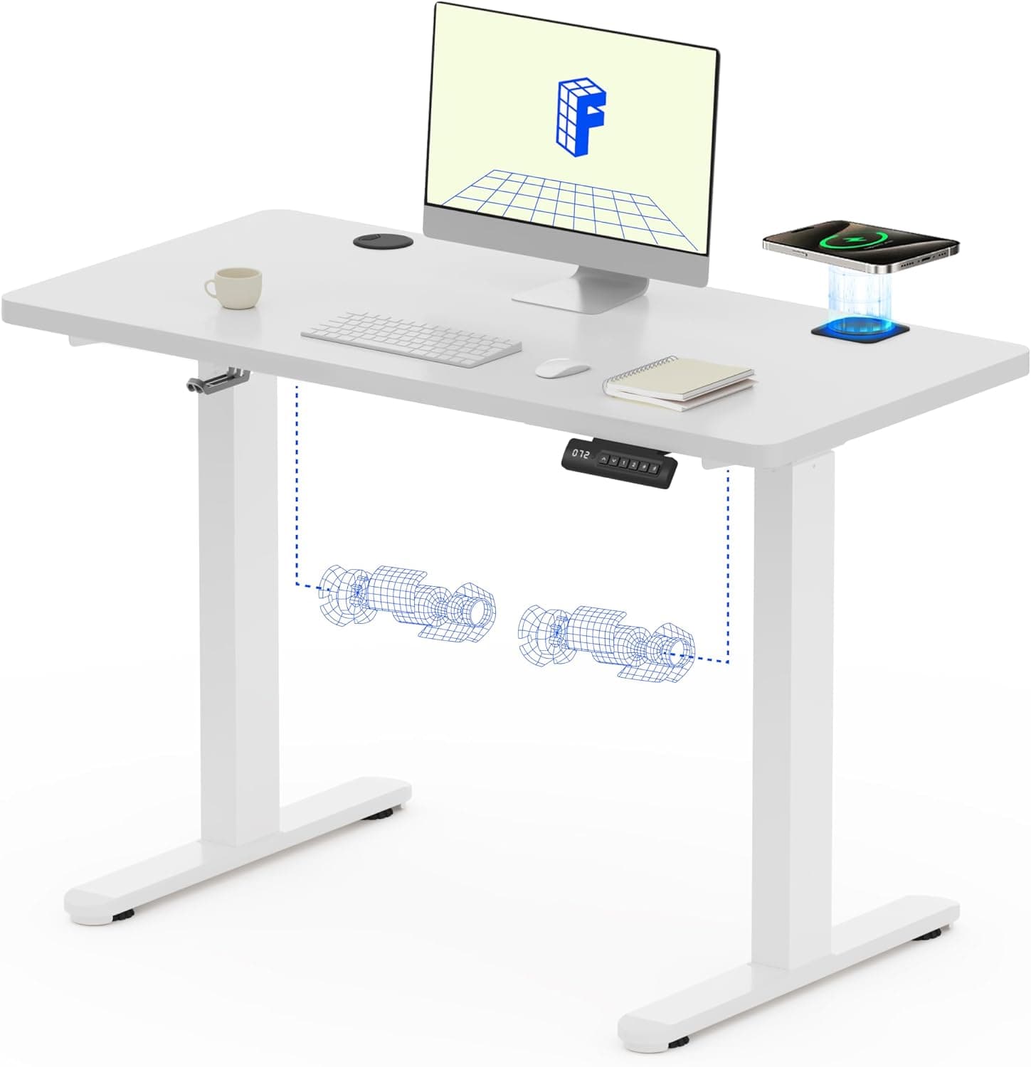 FLEXISPOT Escritorio Elevable Eléctrico con Carga Inalámbrica, 2 Potentes Motores, 110 x 54 cm Mesa Escritorio Ajustable en Altura y Estable, Mesa Elevable con Función Memoria y Anticolisión(Blanco)