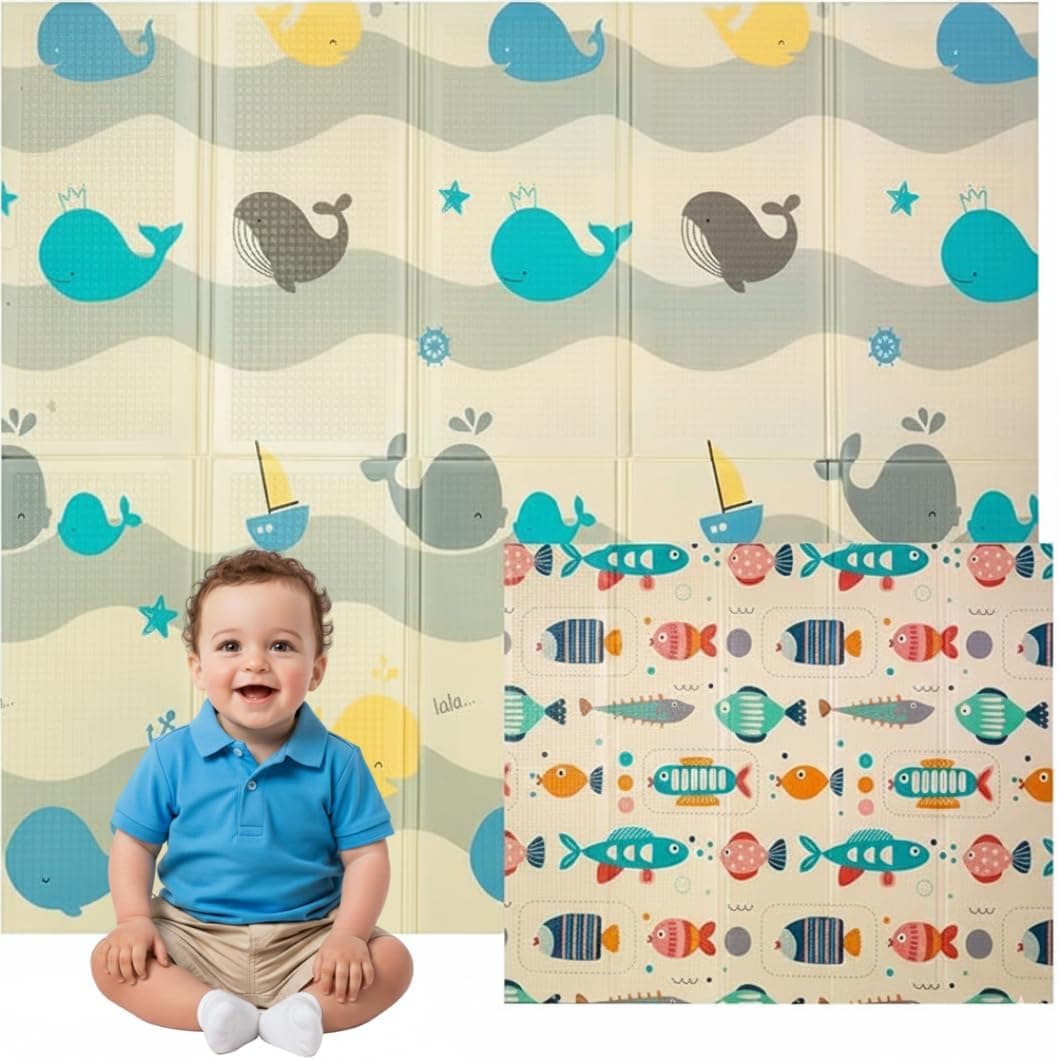 Edibaby, Alfombra Bebé Acolchada Plegable, Diseño Infantil, Colchoneta de Juegos para Suelo, Reversible, XPE, Tapete Baby Play Mat (Ocean | 200x180 | 1 cm)