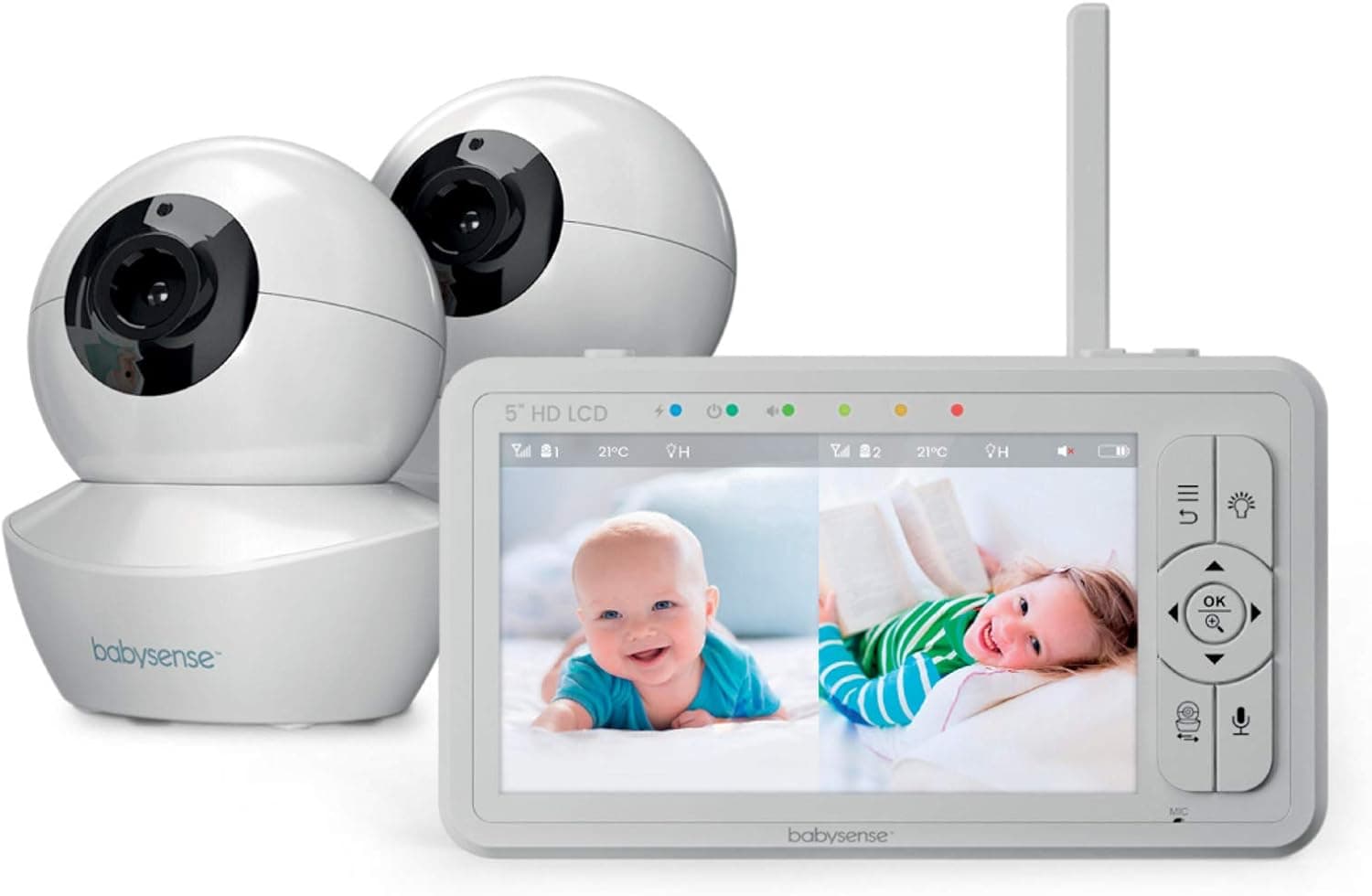 Babysense Monitor de Bebé de Pantalla Dividida HD de 5", Monitor de Bebé con 2 Camaras HD con Luz Nocturna, Alcance de 300m, Audio Bidireccional, Zoom 4X, Visión Nocturna, Batería de 4000mAh