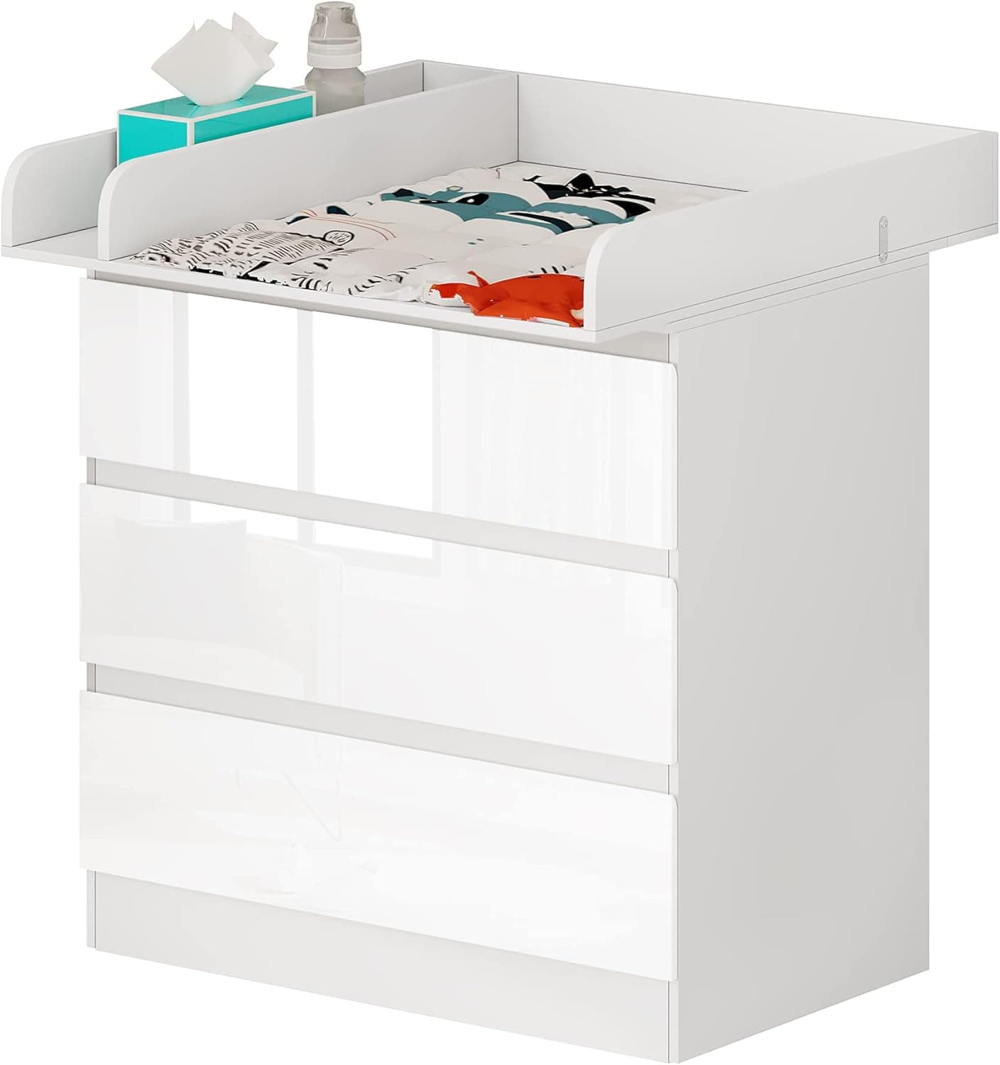 WOLTU Mueble Cambiador para Bebé, Cómoda con 3 Cajones, Cambiador Bebé 80x74,5 cm, Dividido en 2 Zonas, Cajonera de 48x80x78 cm, Blanco