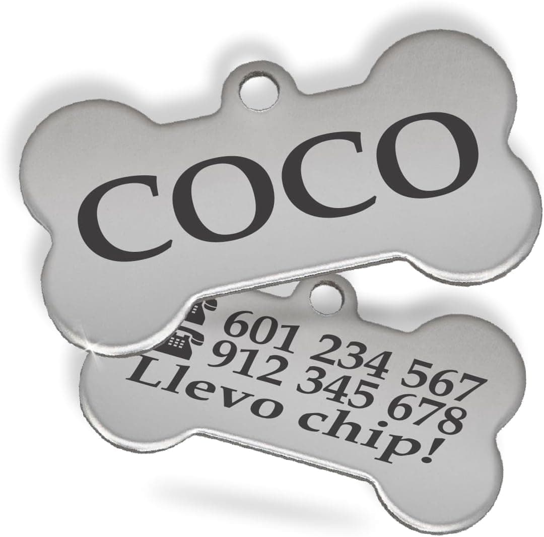 Chapa Perro Grabada en Forma de Hueso, Placa Perro Personalizada para Perros y Gatos Medianos y Grandes, Tamaño 39 x 23 mm, Chapa Identificativa Perro y Gato