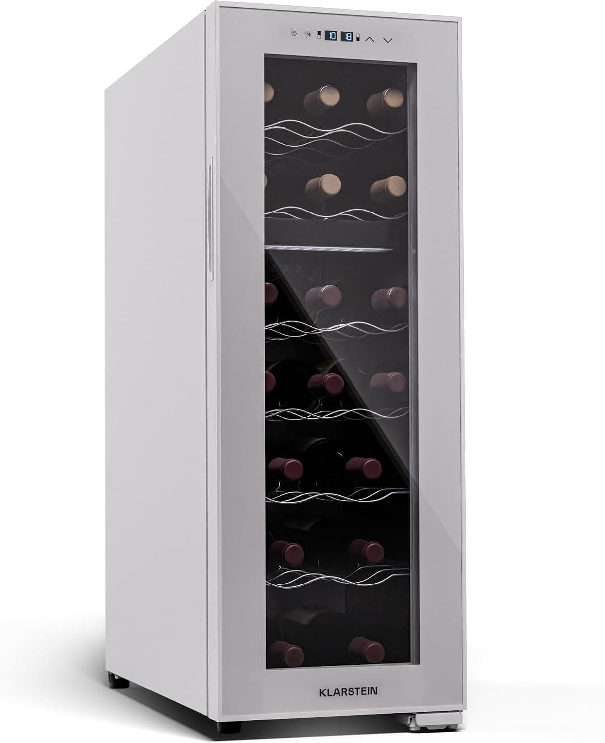 KLARSTEIN Shiraz Vinoteca Blanco – 18 Botellas, 2 Zonas | Nevera para Vinos de Libre Instalación, Puerta de Cristal, Silenciosa, 5–18 °C, LED, Marco Inox, Estrecha