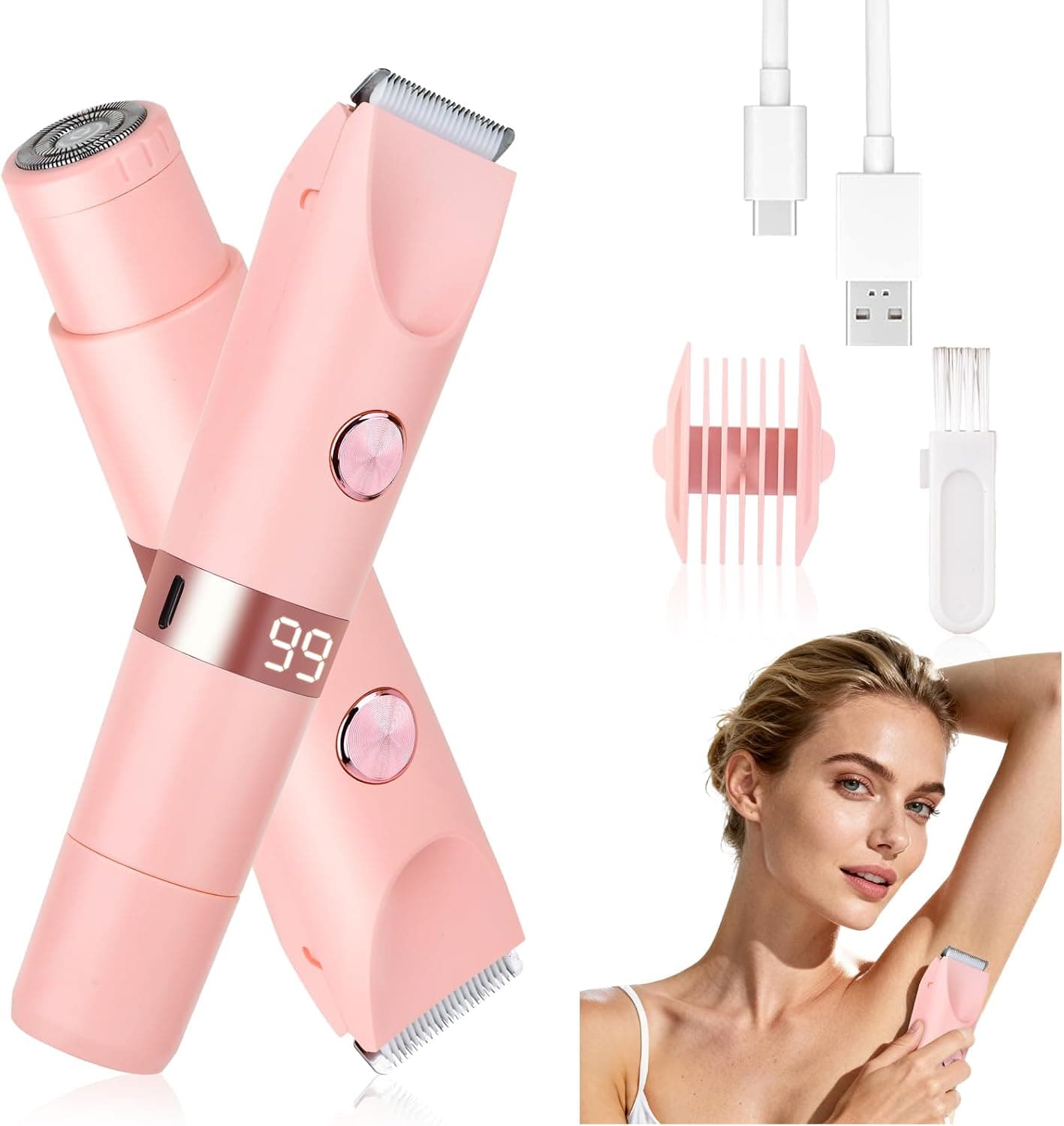 Afeitadora Eléctrica para Mujer y Hombre, Cortadora de Bikini con Pantalla LED, IPX7 Impermeable Uso Húmedo y Seco, 2 en 1 Recargable para Zona del Bikini, Rostro (Rosa)