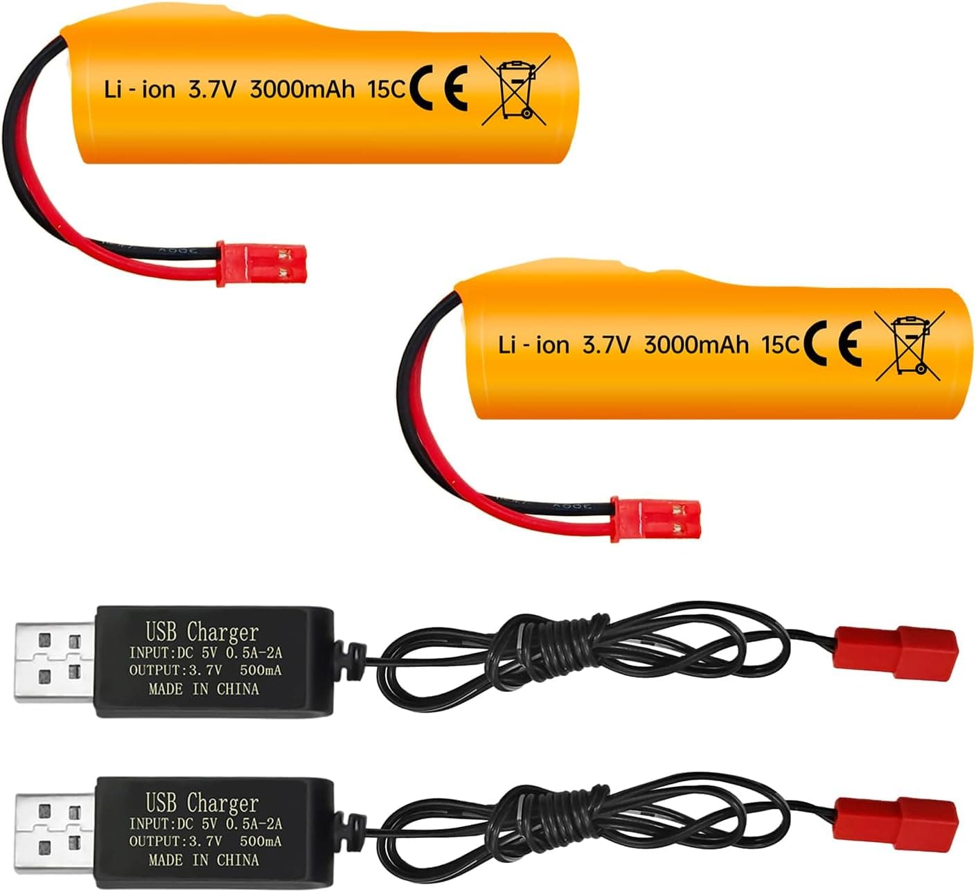 2PCS 3.7V 3000mAh Li-Ion Batería con Enchufe JST con Cable de Carga USB para HJ819 DE819 Barco de Control Remoto,Huina 1337 1338 1516 1517 1552 1554 1558 RC Coche de Control Remoto de Juguete