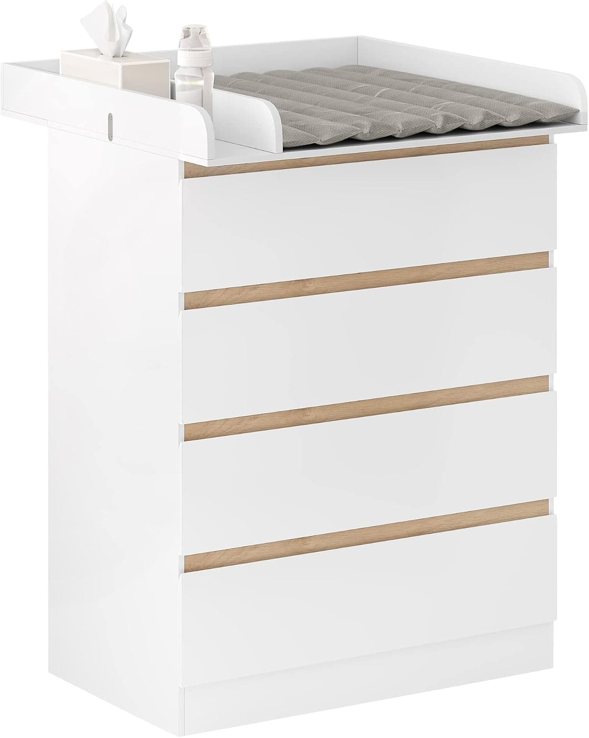 WOLTU Cambiador Bebe con 4 Cajones, Cómoda Cambiador Pañales, Cómoda para Dormitorio, Gran Almacenamiento, Fácil de Limpiar, Blanco+Roble Claro, 80x75x109,2 cm