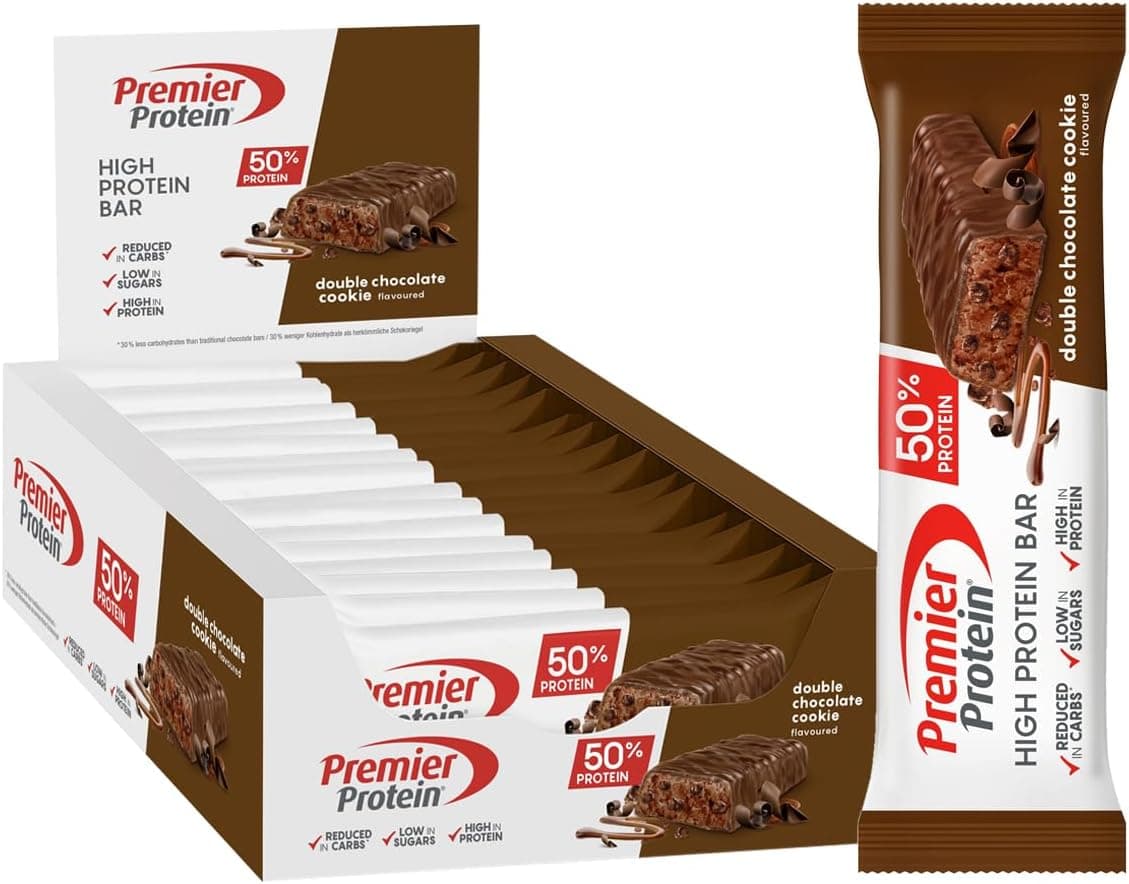 Premier Protein High Protein Bar Double Chocolate Cookie 16x40g - High Protein Low Sugar Riegel + Palmölfrei