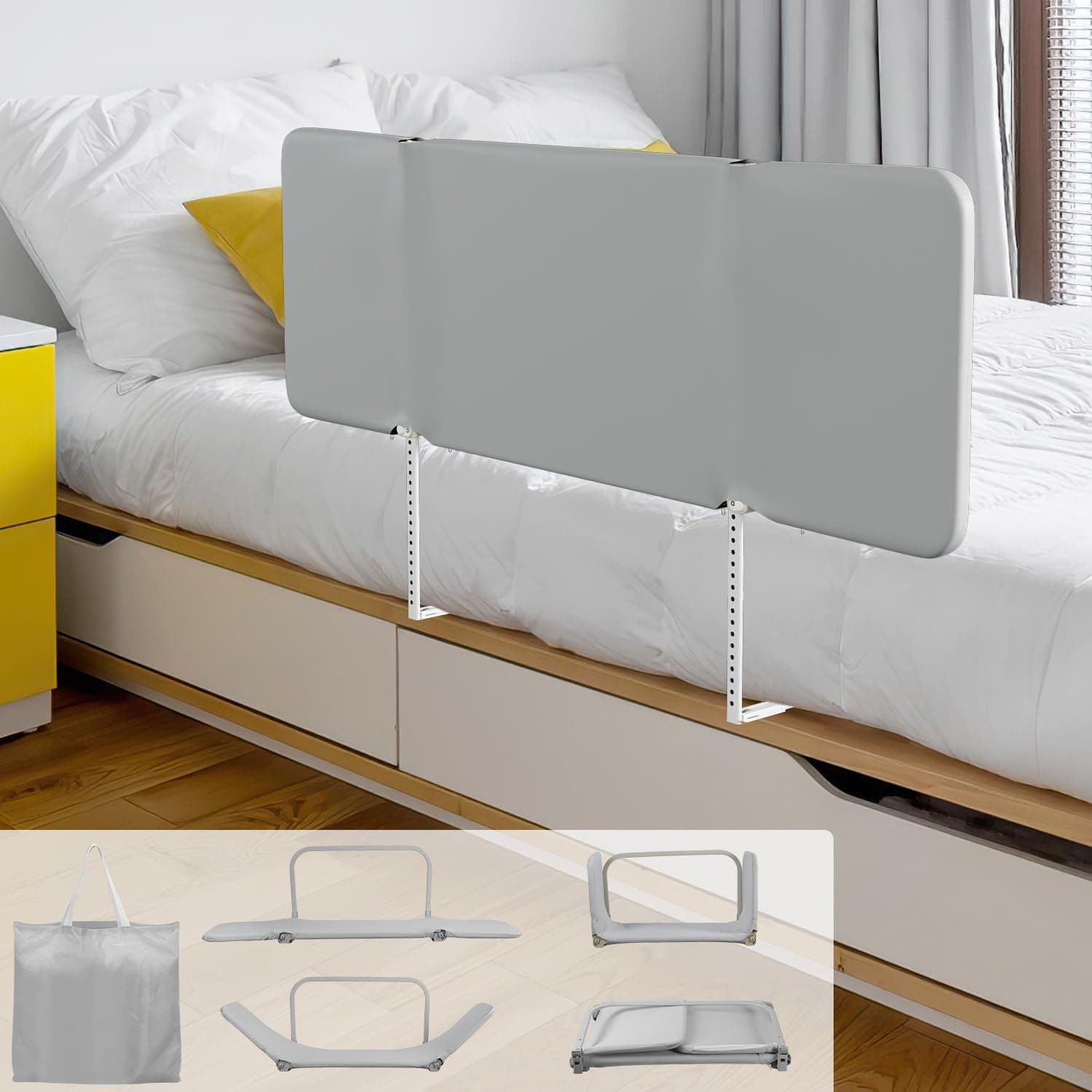 Eulenke Barrera de cama de 150 cm con protección contra caídas, plegable, altura ajustable, barrera de protección para cama infantil, portátil, barrera de cama para viajes, montaje fácil, gris
