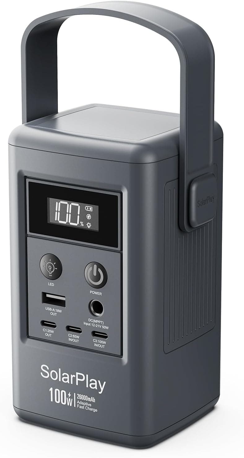 SolarPlay Q100 Estación de Energía Portátil de 100 W, Pequeño Generador con Tomas de Corriente/CC/USB/luz LED, Batería Externa de 92,5 Wh para Acampadas, Respaldo Doméstico y Cortes de Emergencia