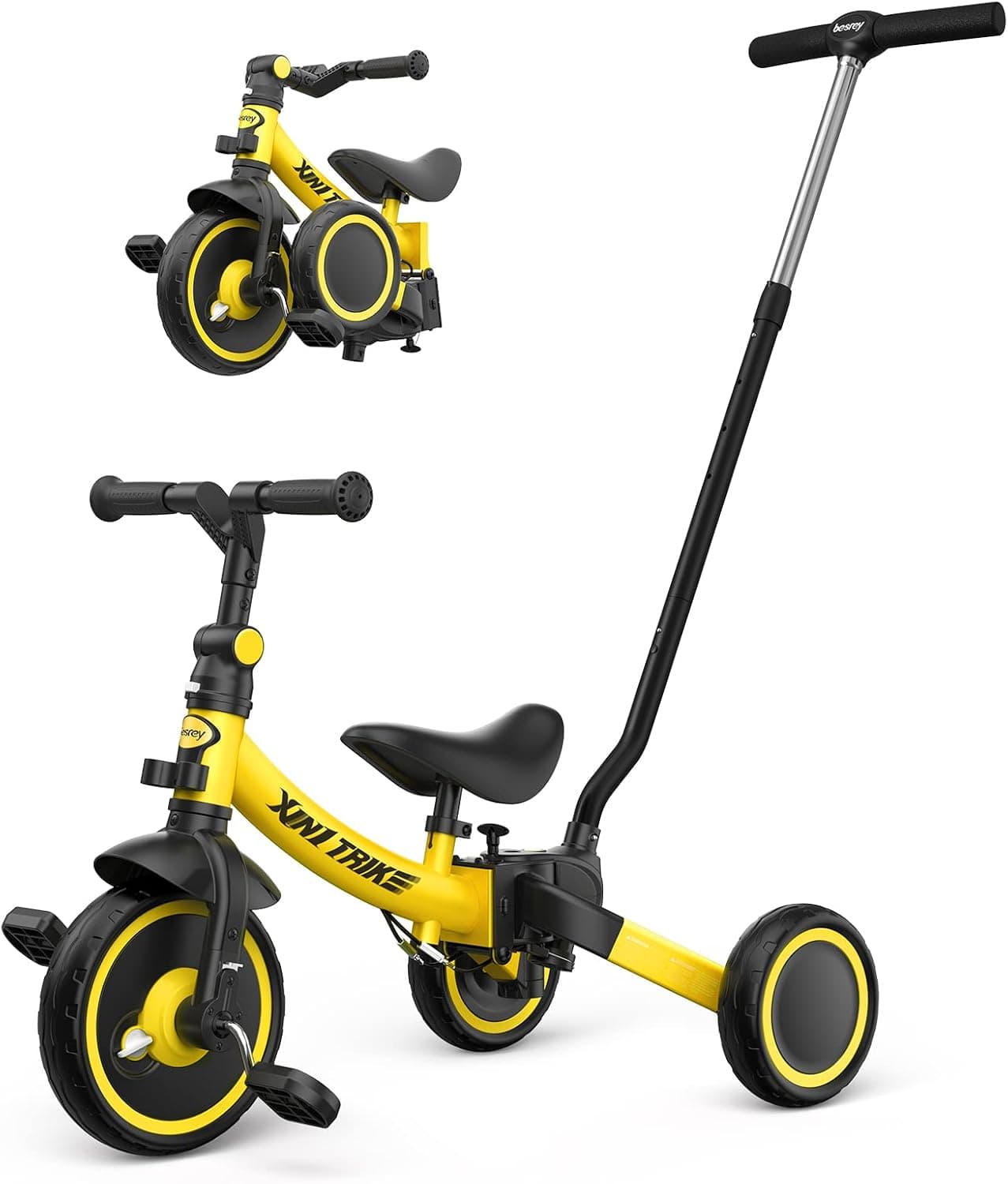 besrey Triciclo para niños 5 en 1 con barra de empuje y ruedas grandes, amarillo