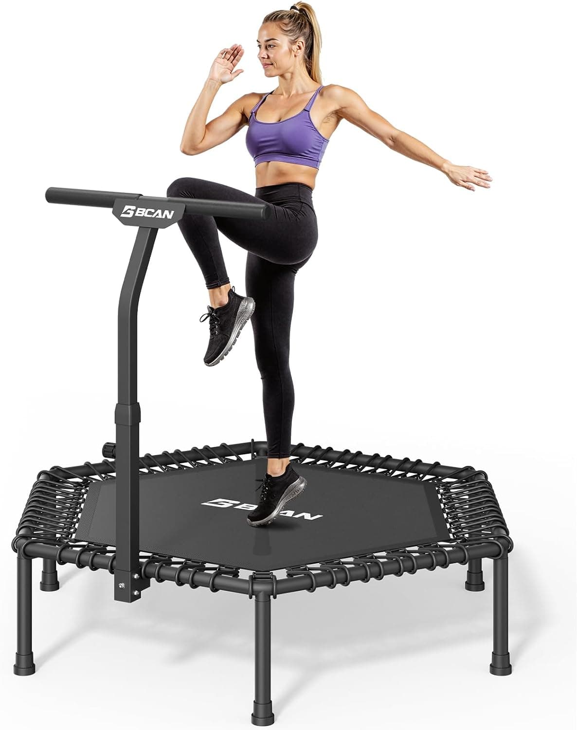 Cama elástica de Interior BCAN Fitness, Ø 102/122/130 cm de diámetro, Mini Cama elástica/de muelles, Apta para Adultos de hasta 204/250 kg, con Asas Ajustables, silenciosa y de Baja vibración.