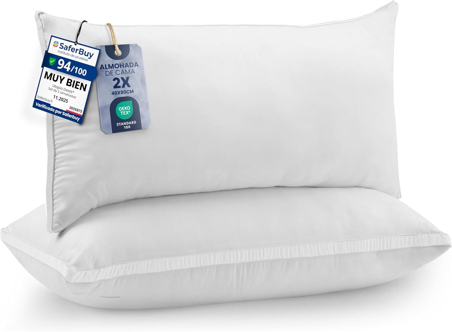 Utopia Bedding Almohada 40 x 80 cm Pack de 2, Microfibra, Blanco