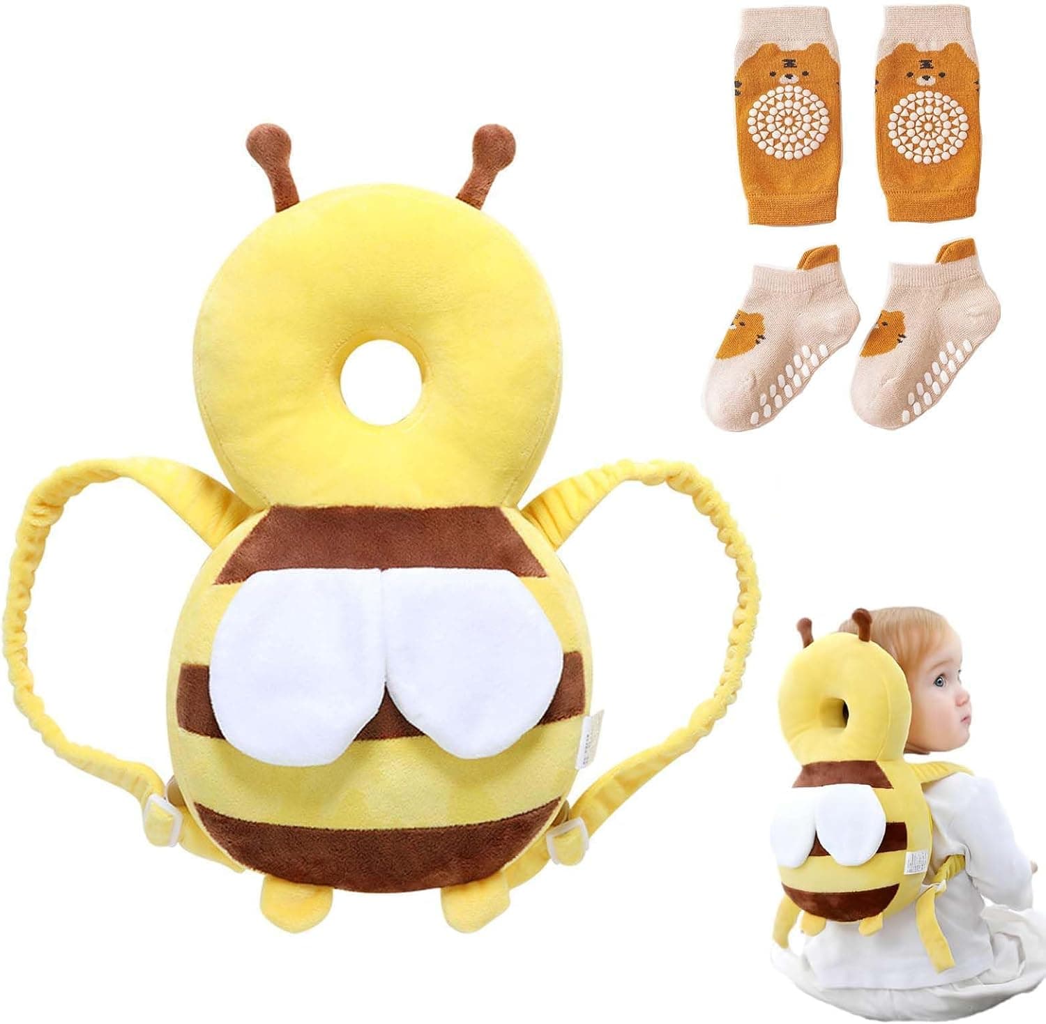 Soporte para la Cabeza del Bebé Ajustables Anti-Caídas Almohada Protección Bebé Protector de Cabeza Casco de Protección para Bebe(Abeja)