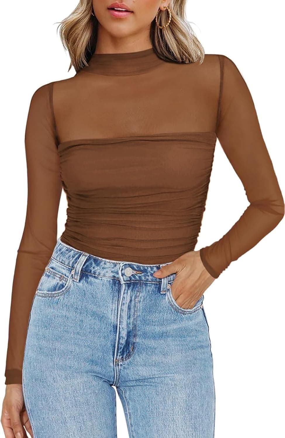 Zeagoo Camiseta de malla para mujer, transparente, cuello redondo, manga larga, sexy, para fiestas, corte ajustado, camiseta de manga larga