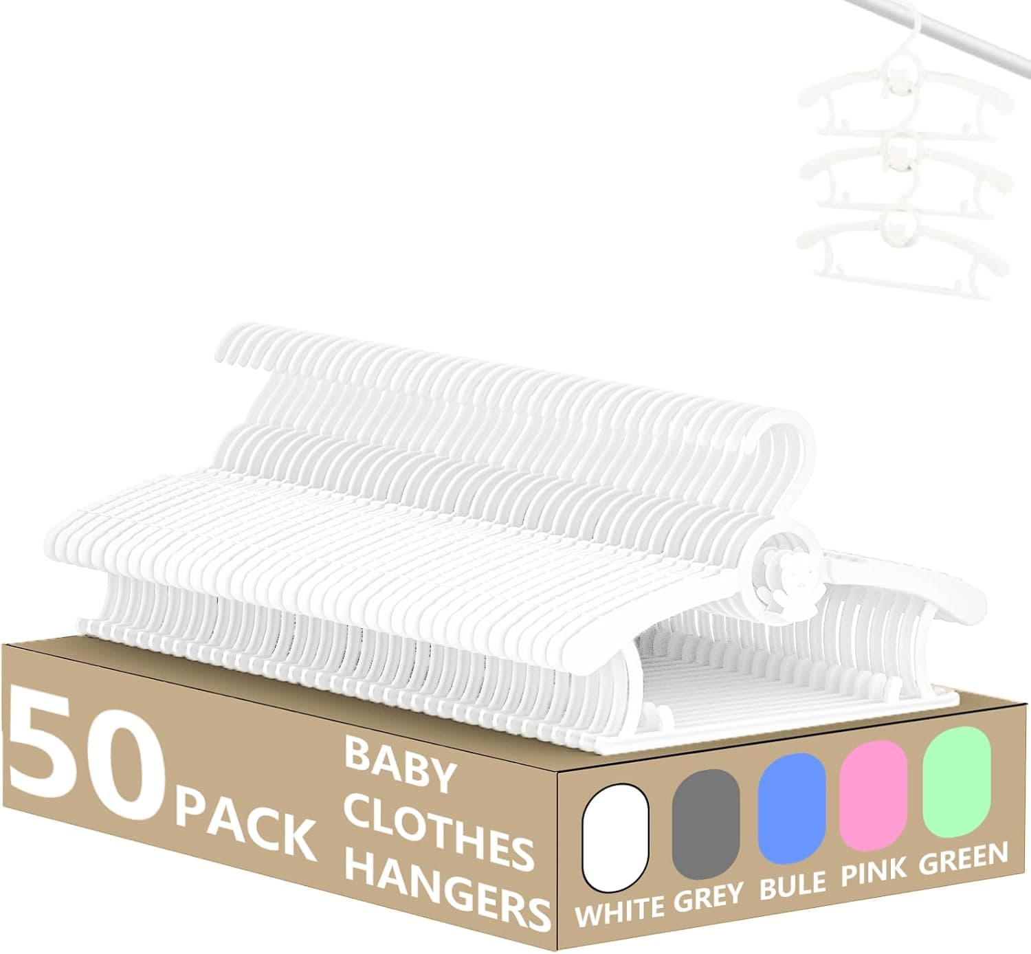 HGYZE 50 Perchas Blancas de Plástico Ajustables y Antideslizantes para Ropa de Bebé y Recién Nacidos, 28 a 35,5 cm