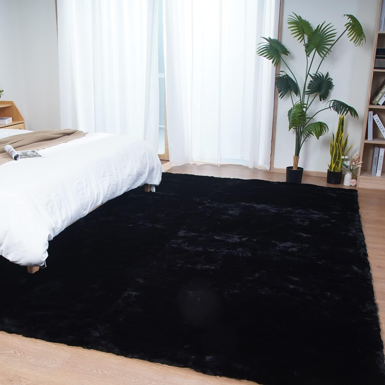 Ghouse Alfombra de Área Negra 244 x 305 cm Alfombra Esponjosa de Piel Sintética de Conejo Alfombra de Pelo Largo Suave Negra para Sala de Estar, Dormitorio, Sala de Juegos, Cuarto de Bebé
