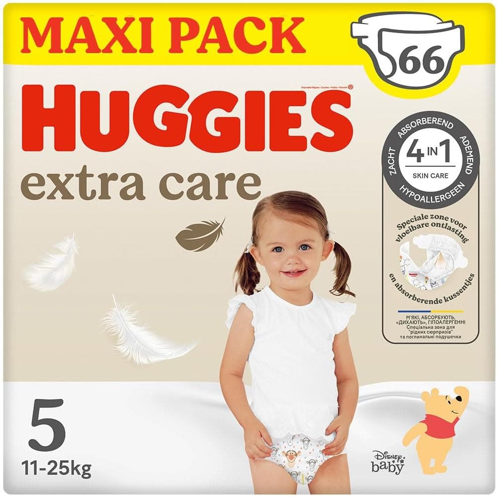 Huggies Extra Care Pañal para bebé con diseños Disney Talla 5 (12-22 kg), 2 packs x 33 pañales, 66 pañales con almohadillas extra suaves que cuida de la piel del bebé