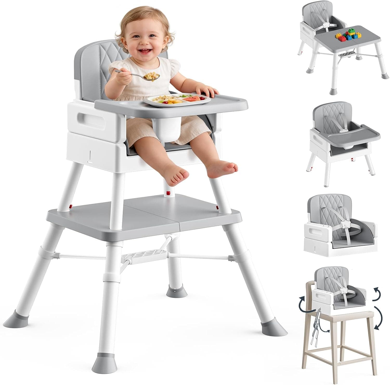 COOSEYA Trona para bebé, 6 en 1, trona multifuncional, silla de alimentación con tableta extraíble, silla infantil con cinturón de seguridad, gris (6M-3 J)
