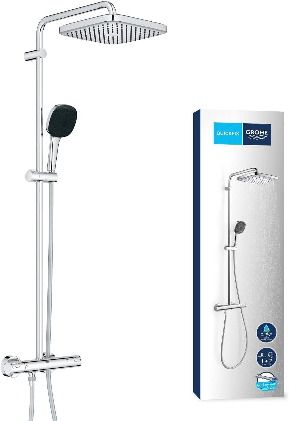GROHE Vitalio Comfort 250 Columna de ducha con grifo termostático (ahorro de agua, 2 tipos de chorro, duradero), cromo 26696001