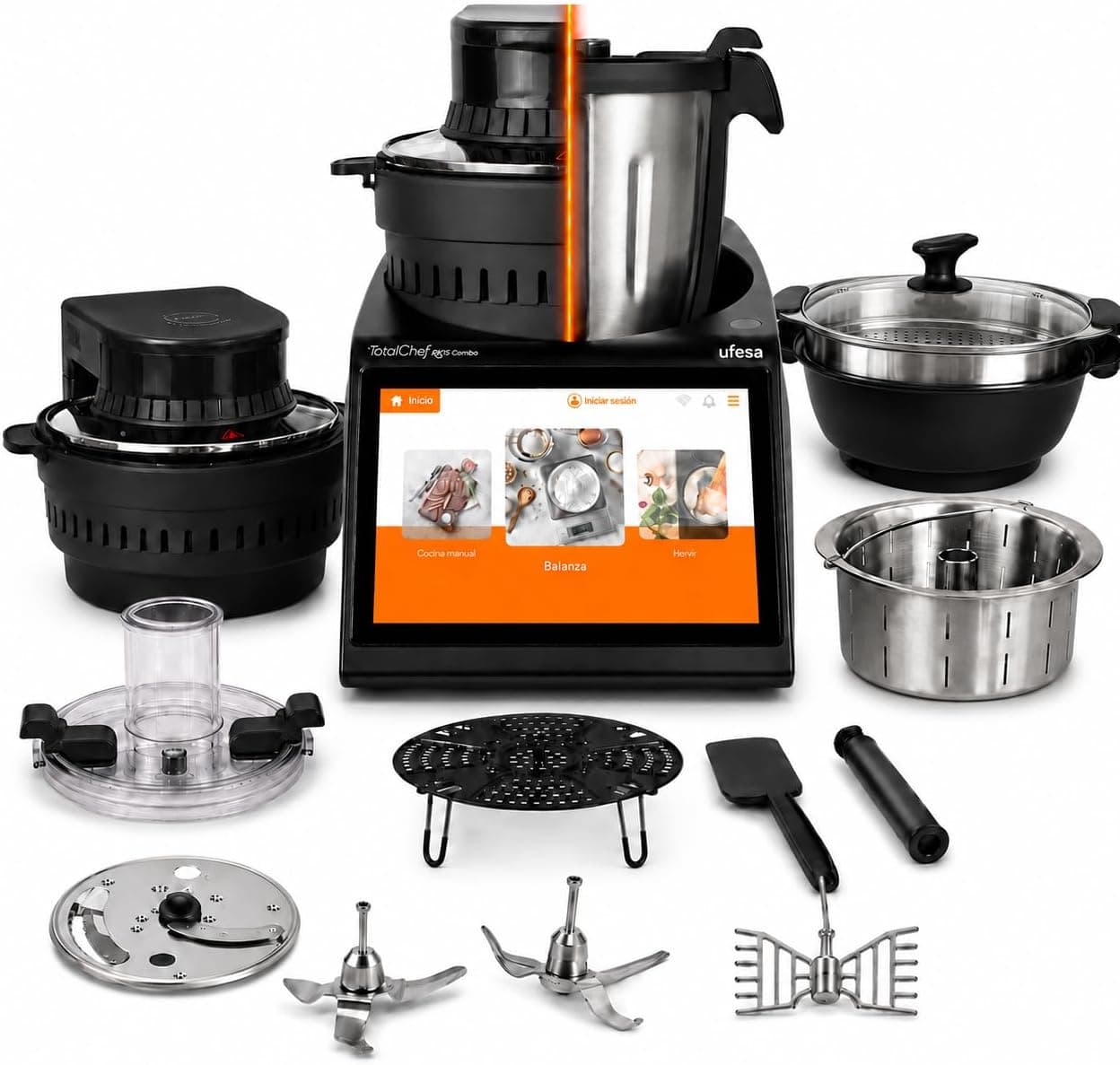 Ufesa TotalChef RK15 Combo Robot de Cocina con Freidora de Aire 2 en 1, 2400 W, Jarra 4,5 L, Air Fryer 5 L, Pantalla Táctil 10”, WiFi, 30 Funciones y 150 Recetas