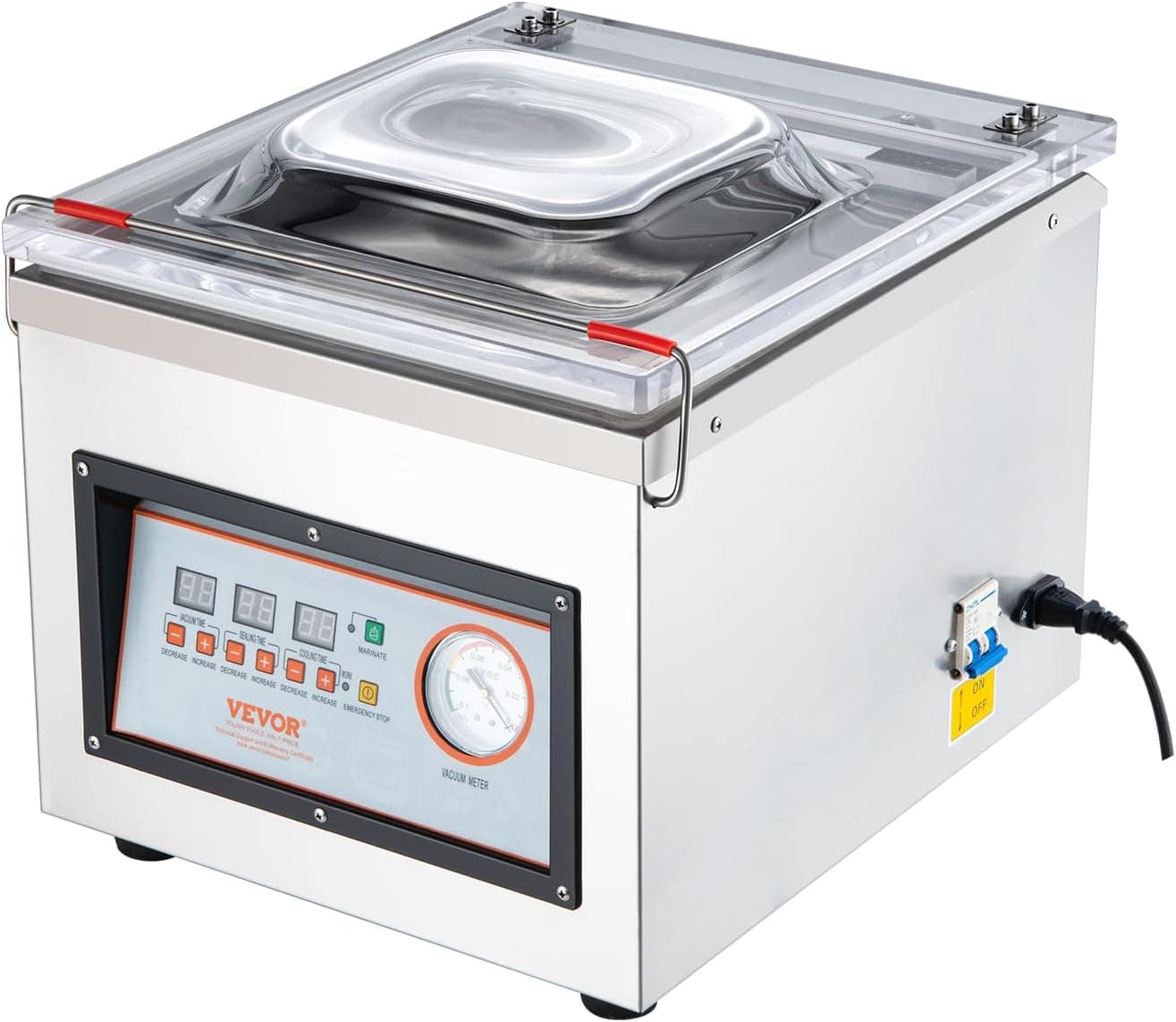 VEVOR Sellador al Vacío de Cámara 320 W Máquina de Envasado al Vacío de Acero inoxidable Tamaño Compacto de 320 mm para Cocina del Hogar Para Uso Comercial Para Alimentos Húmedos, Carnes y Adobos