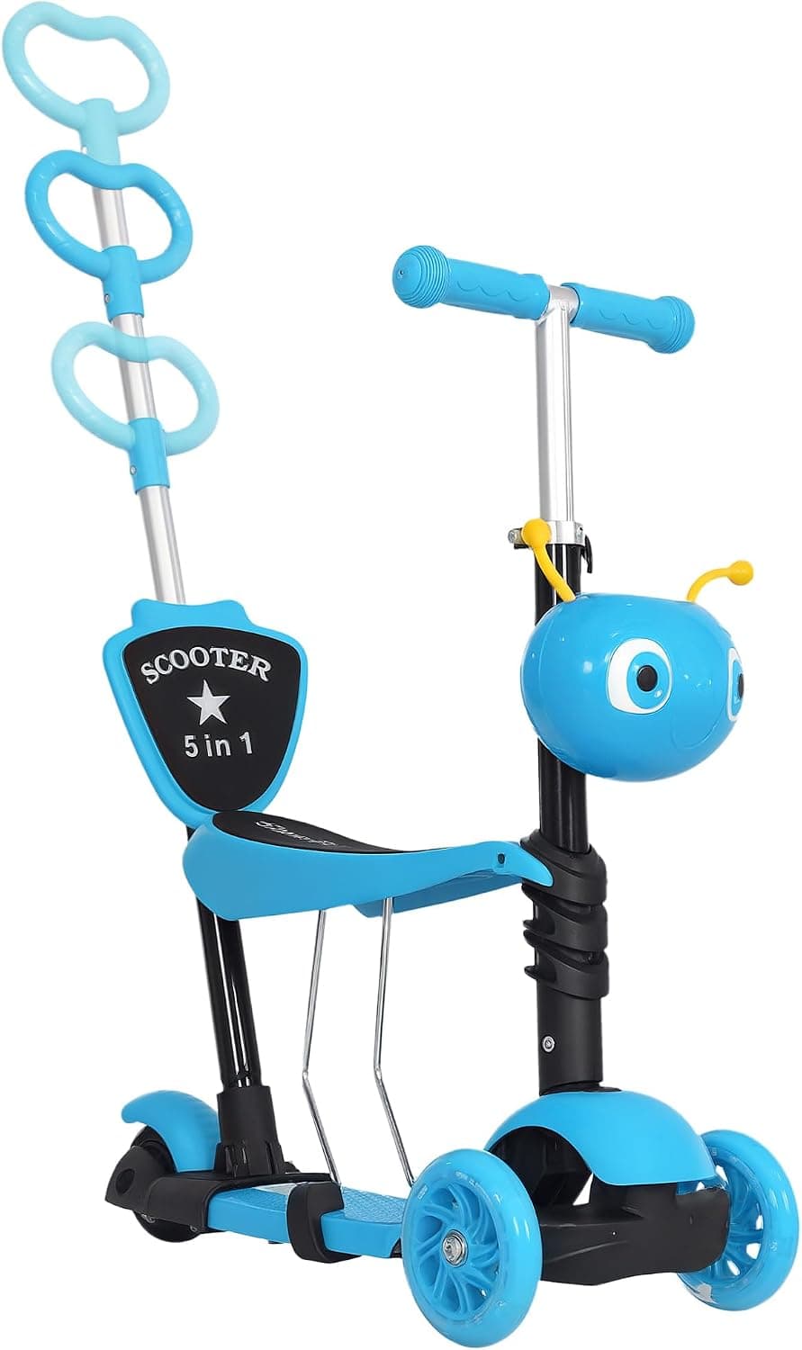 HOMCOM 3 en 1 Patinete para Niños de +18 Meses o Scooter de 3 Ruedas con Asiento Extraíble Manillar Mango de Empuje Altura Ajustable 62x25x72,5 cm Azul