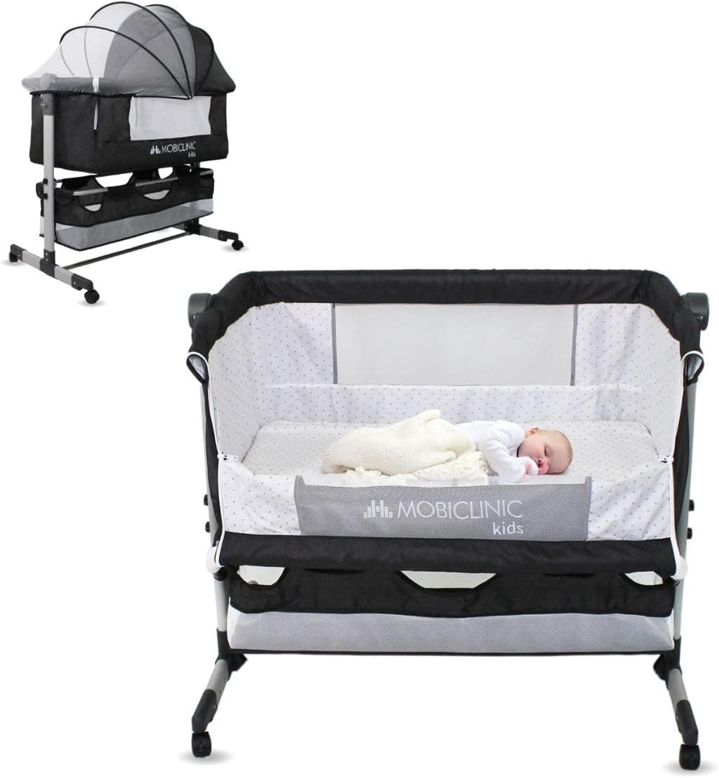 Mobiclinic®, Cuna 3 en 1, Night, Altura Ajustable, Colchón, Mosquitera, Ruedas 360º, Correas de Sujeción, Cesta de Almacenamiento, hasta 20 kg, Negro