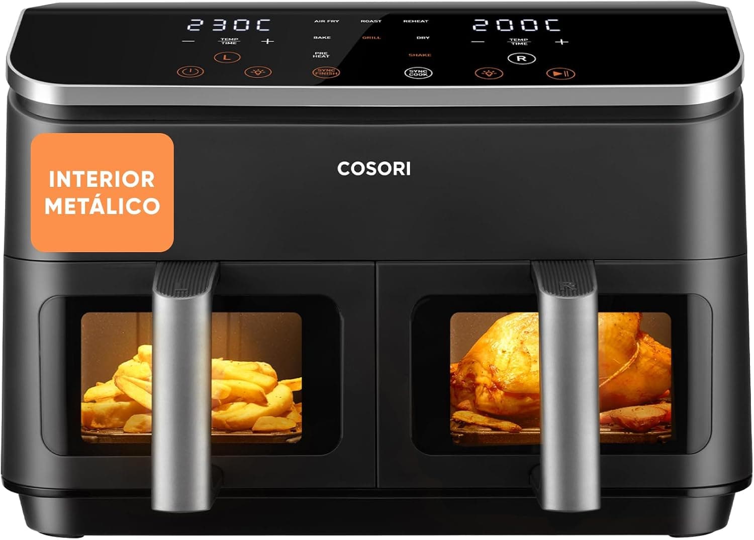Cosori Freidora de Aire 8,5L, Doble Cesta con Ventana, 10 Funciones, Gris