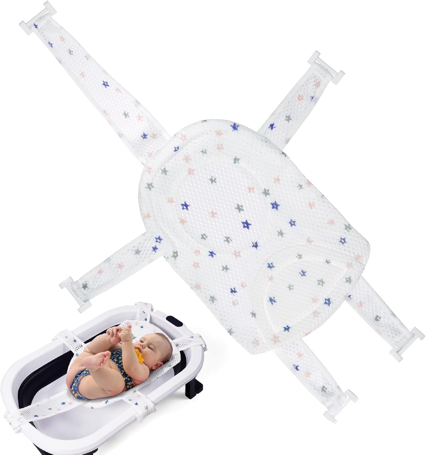 Aolso Asiento Hamaca Bañera para Bebé Recién Nacido,Red de Soporte para Bañera,Alfombra de Bañera Antideslizante (azul-estrella)