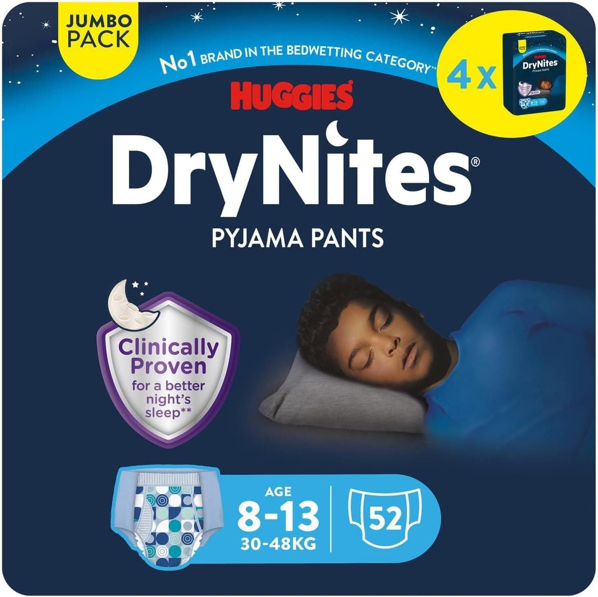 Huggies DryNites Pañales de Noche para Niño 8-13 (30-48 kg), Clínicamente Probado con 5 Capas de Máxima Protección Nocturna, 4 Packs de 13, Total 52 Calzoncillos Absorbentes