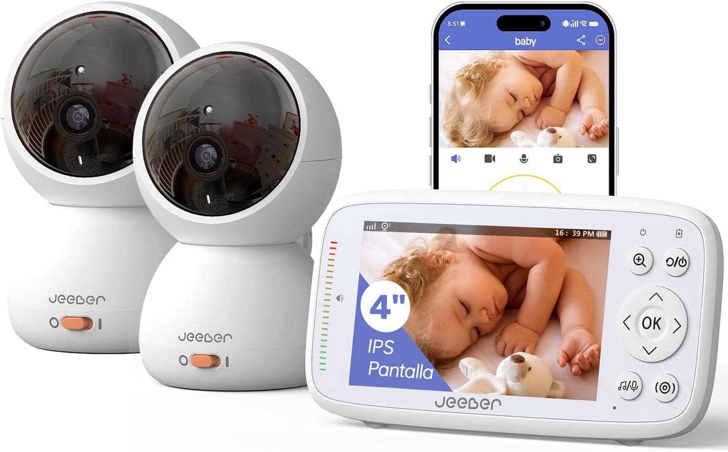 Camara Vigilancia Bebe con 2 Camaras, App&4" IPS Pantalla