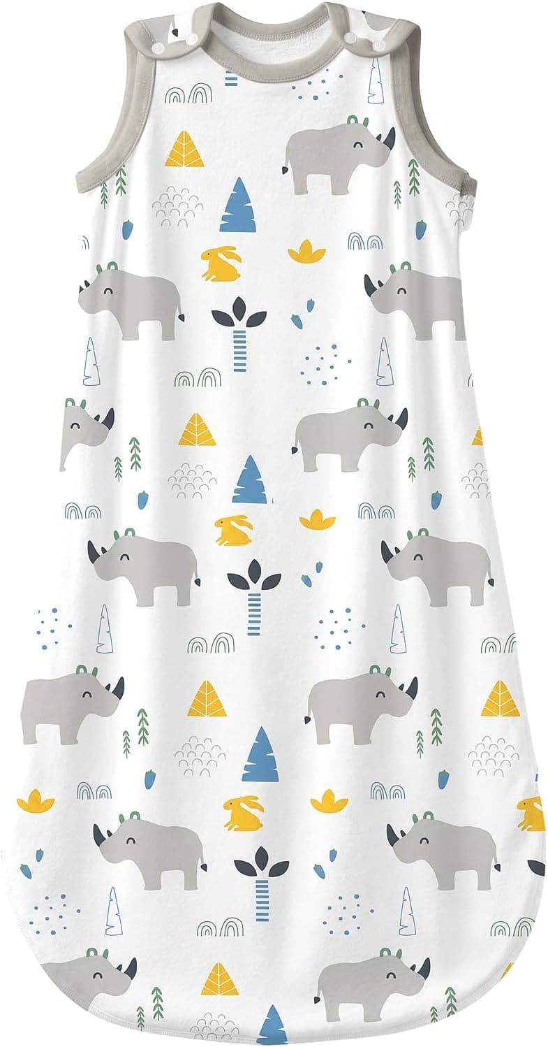 Mosebears Saco de Dormir para bebé de Verano, Primavera, diseño de Dibujos Animados, 1,0 TOG, para bebé, Saco de Dormir sin Mangas (Rinoceronte, 0-6 Meses)