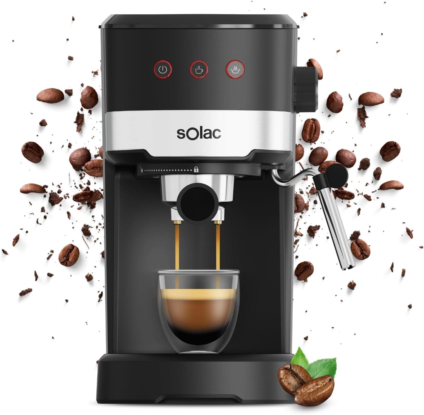 Solac Taste Slim Basic 1100W - Cafetera 20 Bar| Espresso o Capuccino en Casa| Vaporizador Orientable, Espuma Leche| 1-2 Cafés| Molido o monodosis| Calienta líquidos| Compacta 16x31x30