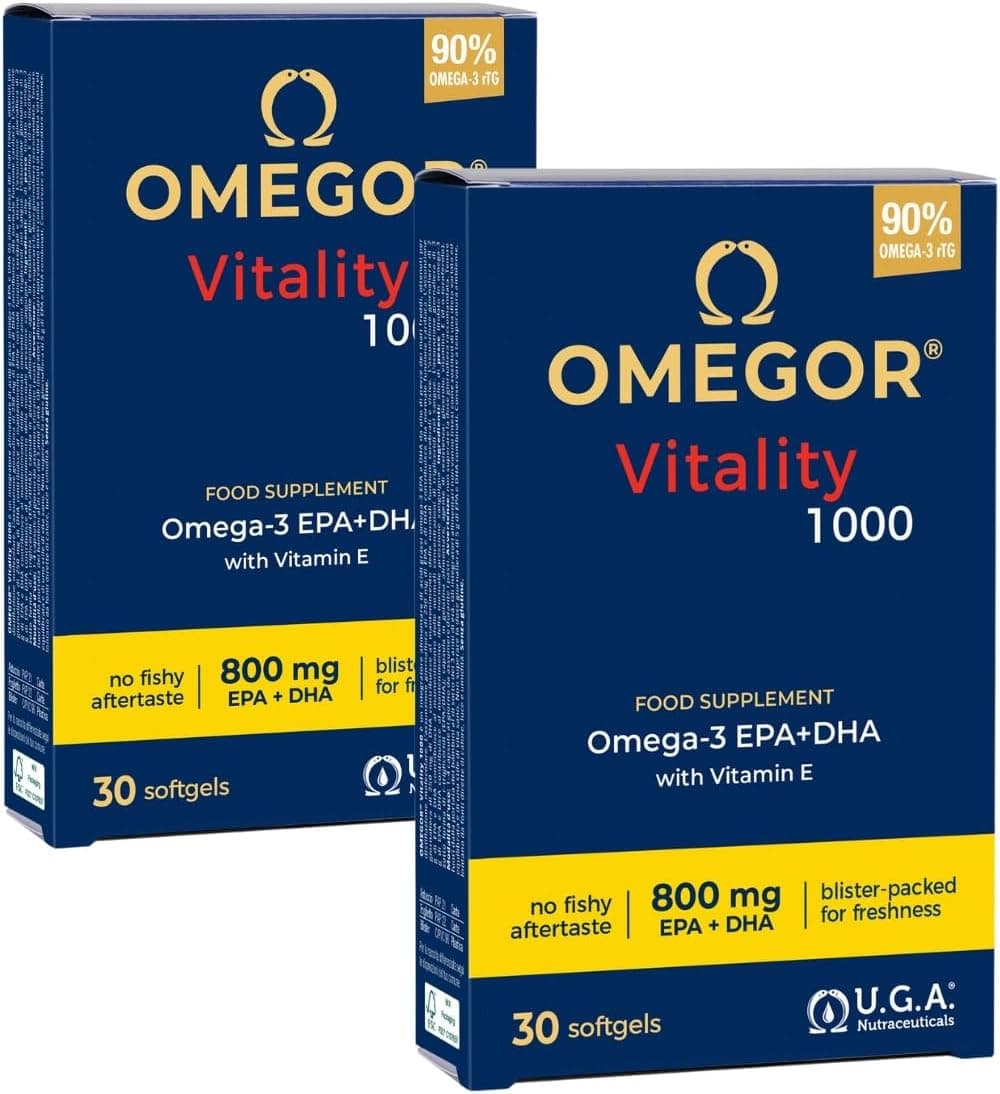 Omega 3 IFOS Certificado OMEGOR Vitality 1000 - Alta Concentración de EPA 535mg y DHA 268mg - Aceite de Pescado Omega-3 rTG de Alta Biodisponibilidad - 30 Cápsulas (Paquete de 2)