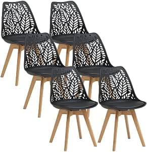 Juego de 6 Sillas de Comedor Estilo Nórdico, Respaldo Calado con Forma de Hoja, Asiento Tapizado en PU Acolchado, Patas de Madera de Haya, para Cocina, Salón, Cafetería y Oficina, Negro