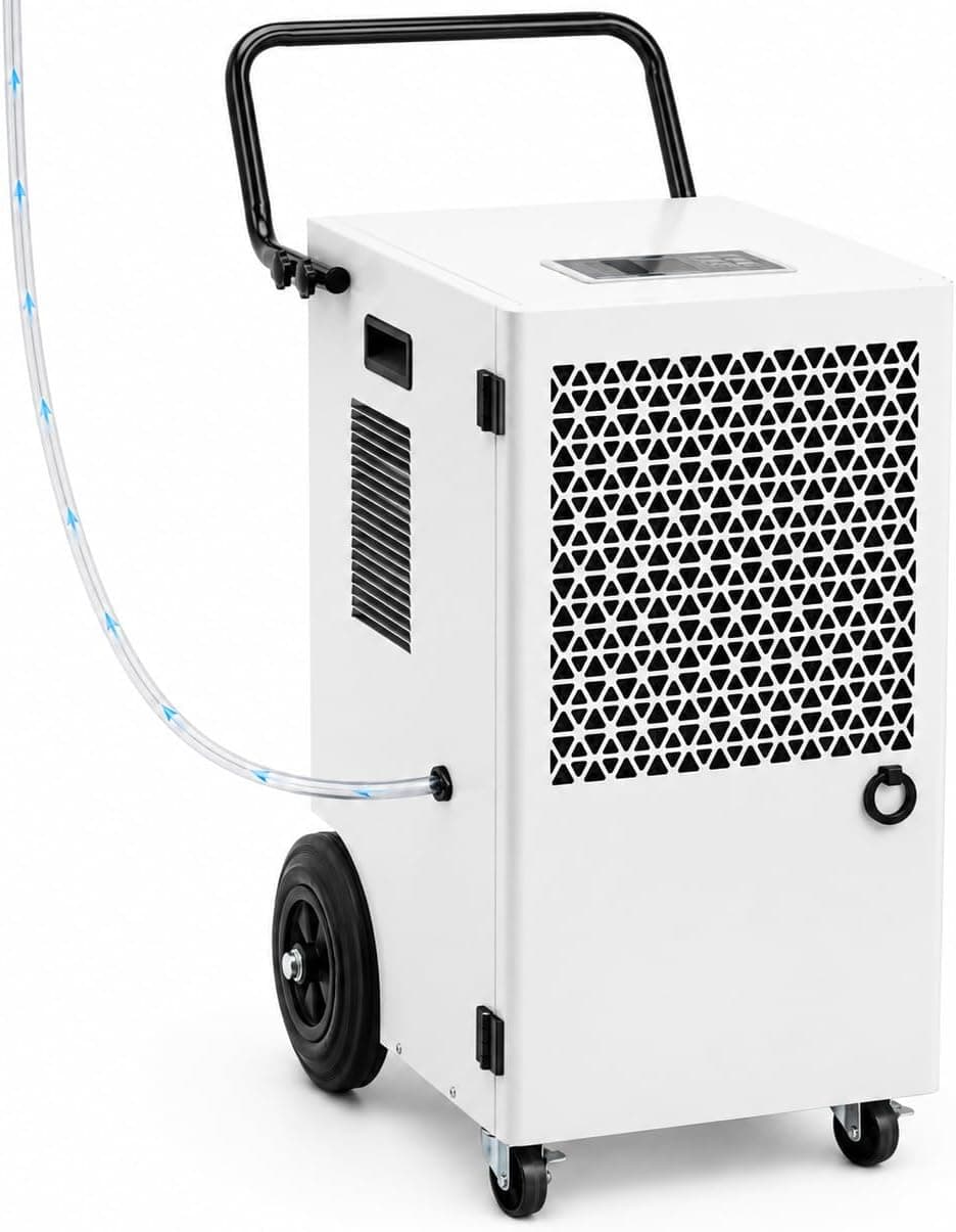 Deshumidificador Eléctrico Grande Industrial 120L/Día: Deshumificadores de Humedad con Bomba Compresor y Manguera de Drenaje 300m²/600m³ Cubierta Portátil Temporizador 24H Secado de Lavandería